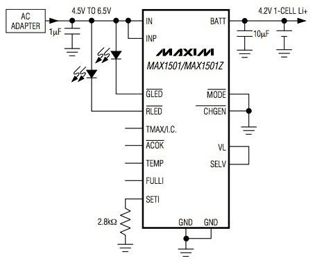 Battery charge ICs such as the Maxim MAX1501 require few components Maxim MAX1501